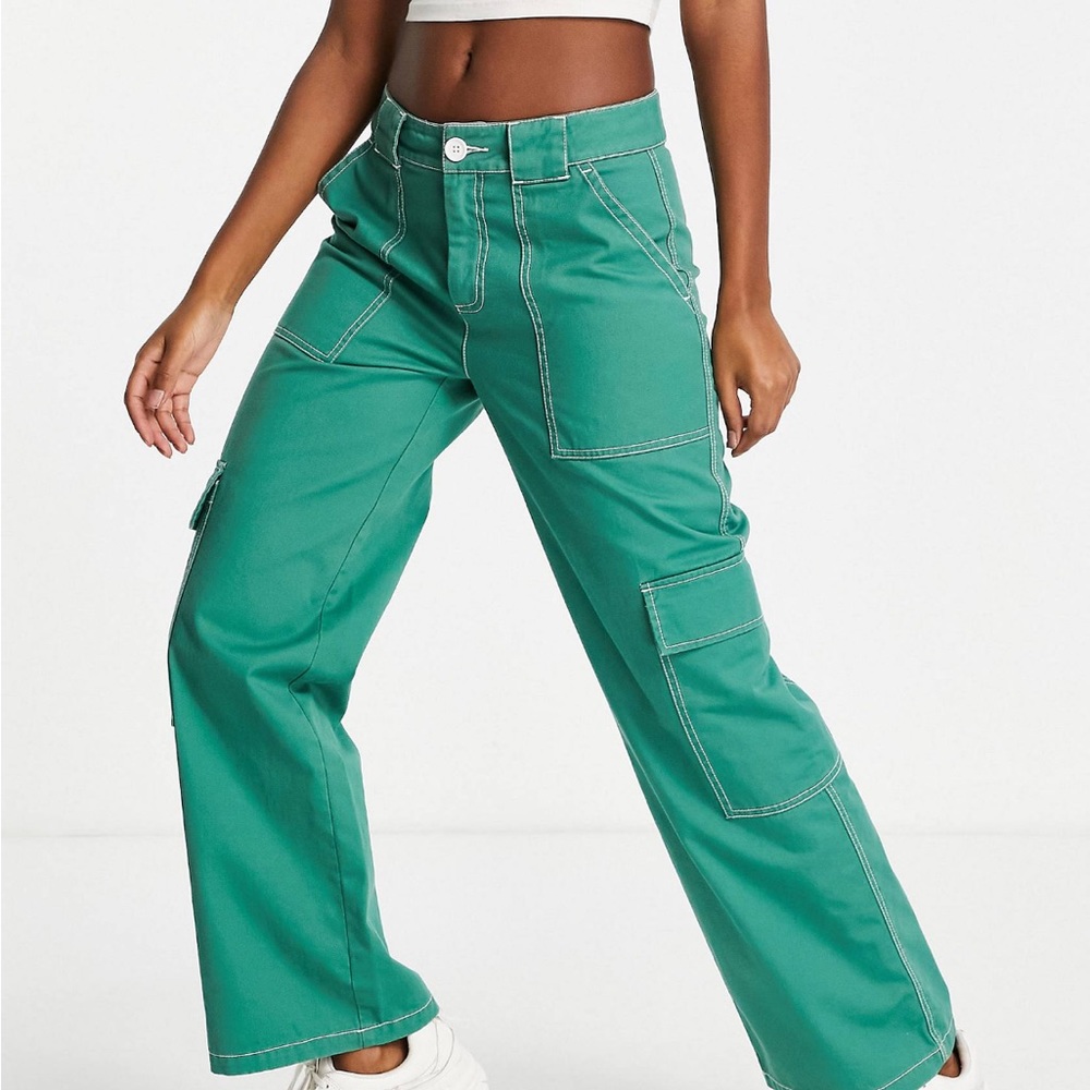 ASOS DESIGN clean cargo pants in green with contrast stitching, SOLD OUT online
